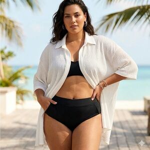 Textured White Viscose Open Front Top/Swim Cover Up | Size 1XL